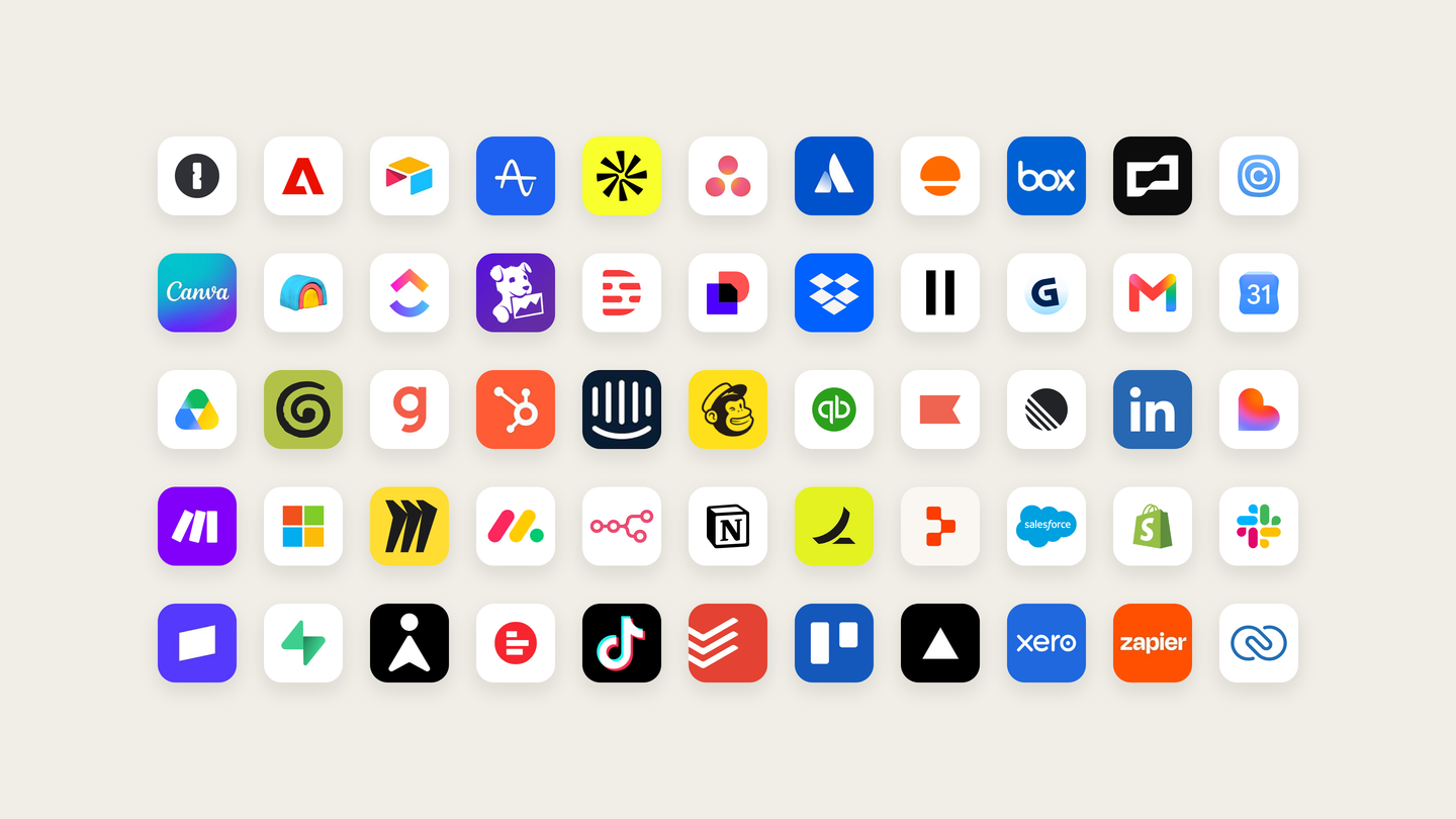 Siatka 55 ikon aplikacji, z którymi łączy się Claude Duet, m.in. Gmail, Kalendarz Google, Slack, Canva, HubSpot, QuickBooks, Shopify, Salesforce, Notion, Zapier i Xero