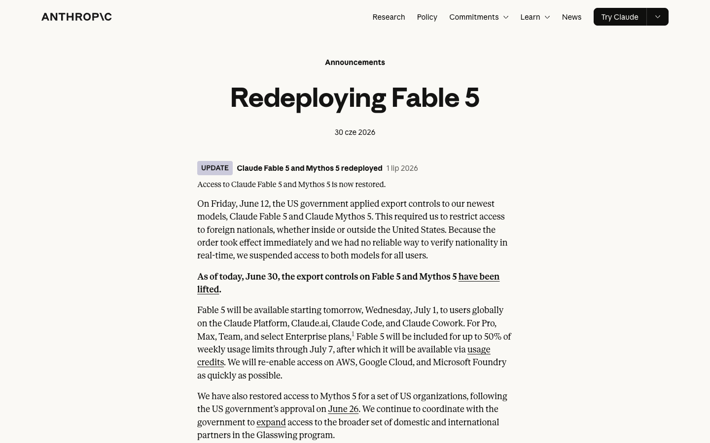Wpis Anthropic „Redeploying Fable 5” z informacją o przywróceniu dostępu do Claude Fable 5 i Mythos 5