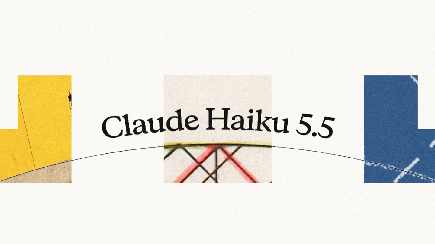 Napis Claude Haiku 5.5 na kremowym tle, obok trzy kwadraty ze zdjęciami w kolorze żółtym, beżowym i niebieskim połączone cienką łukowatą linią, grafika z ogłoszenia Anthropic
