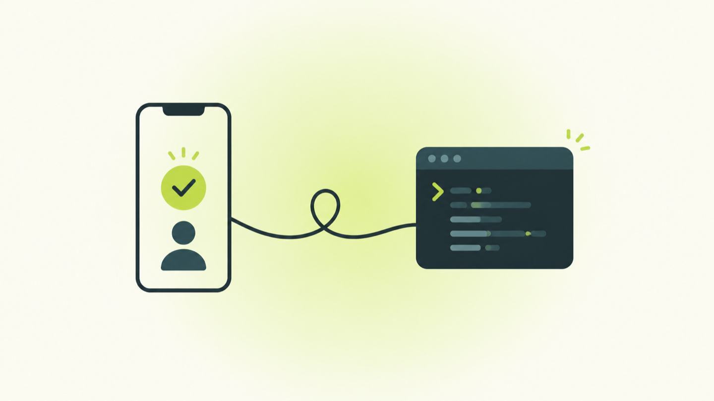Smartfon i okno terminala połączone płynną linią z symbolem zatwierdzenia, na jasnym tle z limonkowym akcentem