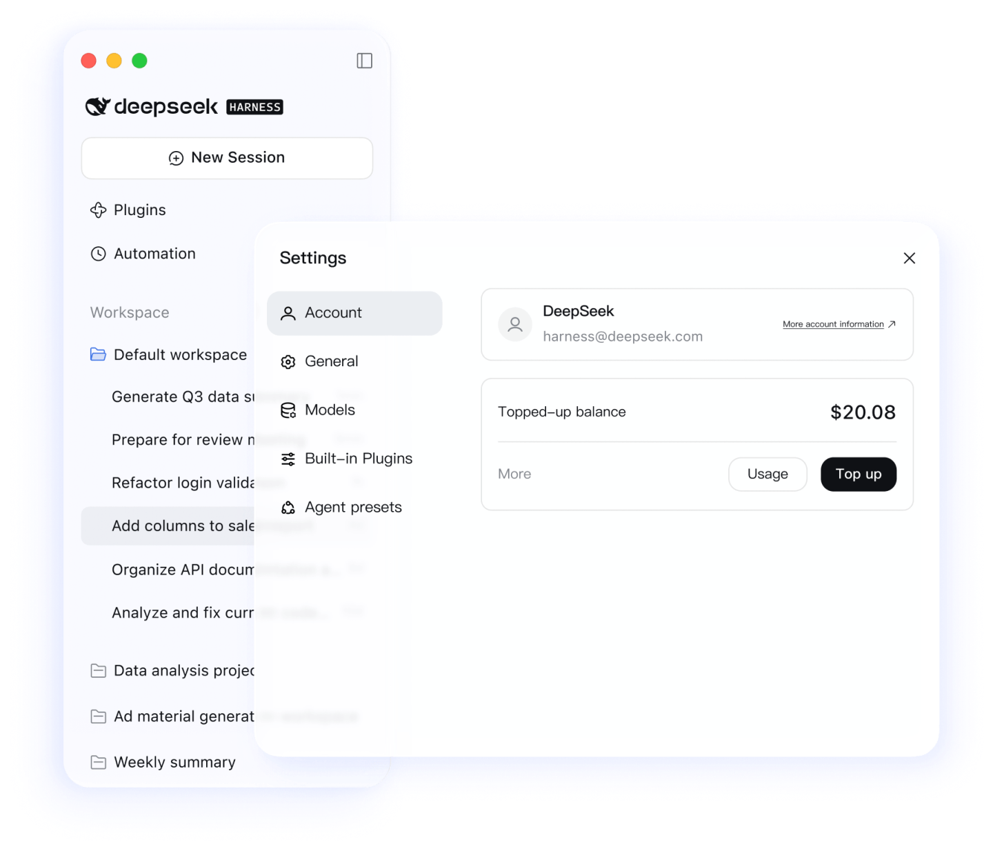 Okno DeepSeek Harness z ustawieniami konta: saldo doładowania w dolarach oraz przyciski Usage i Top up