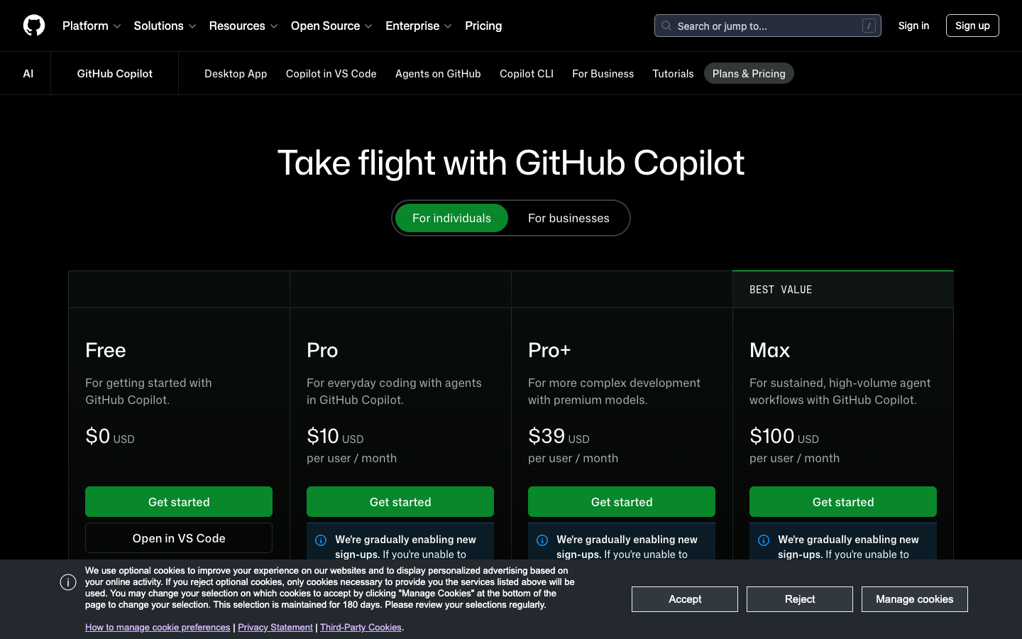 Strona z planami i cennikiem GitHub Copilot