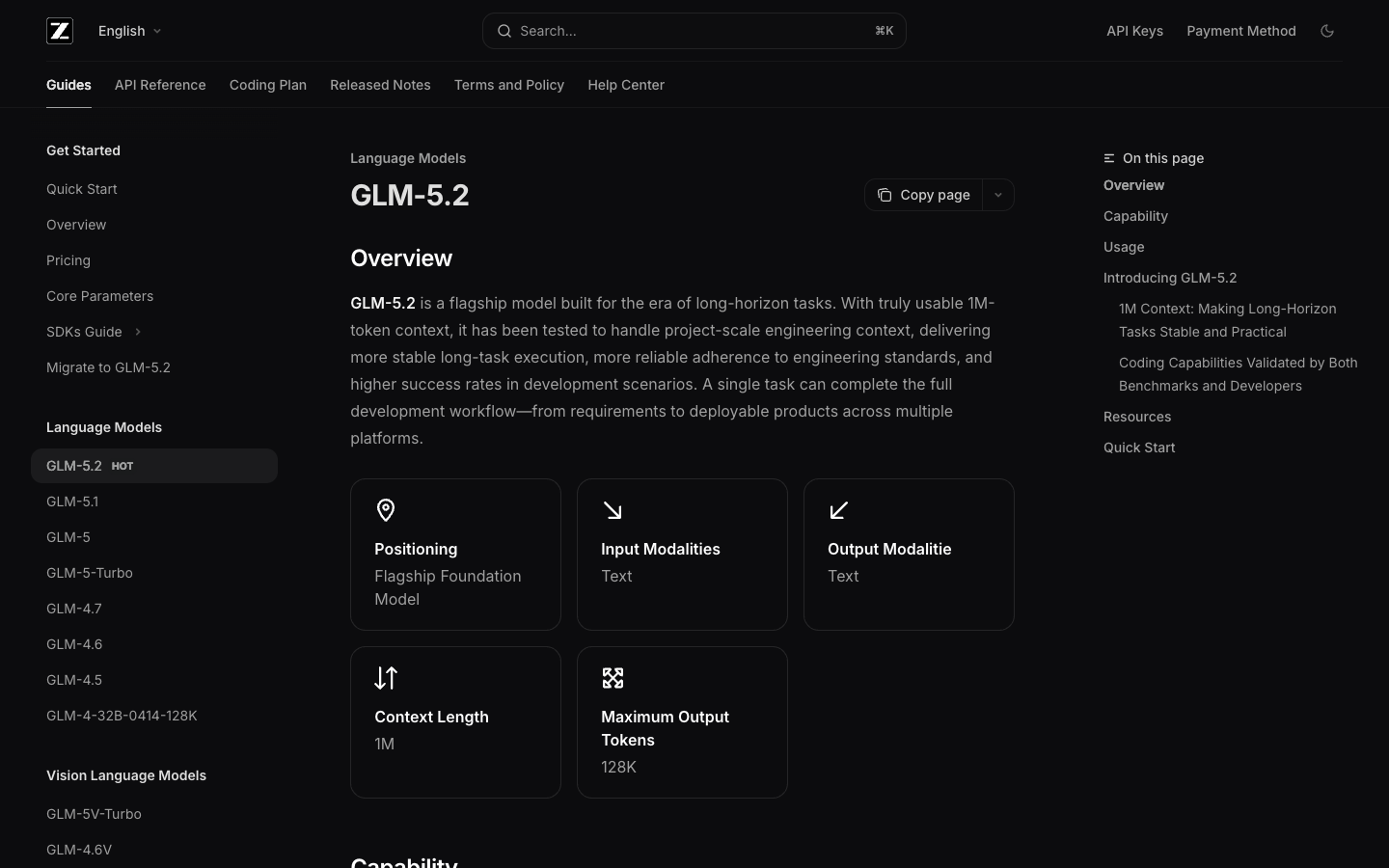 Dokumentacja modelu GLM-5.2 na stronie deweloperskiej Z AI