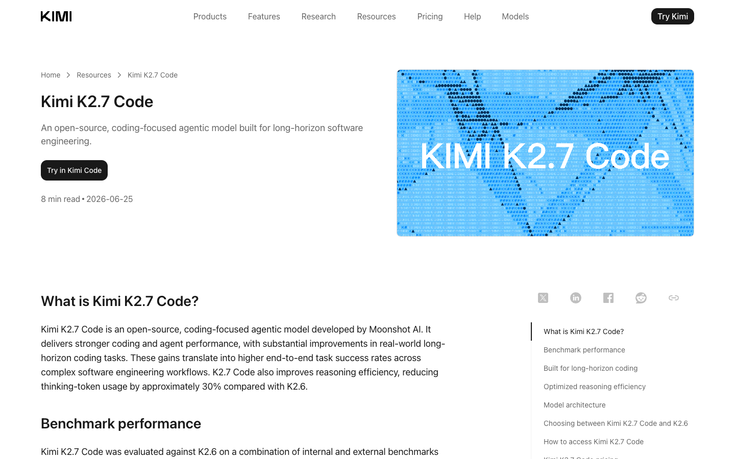 Strona modelu Kimi K2.7 Code z opisem architektury i benchmarkami