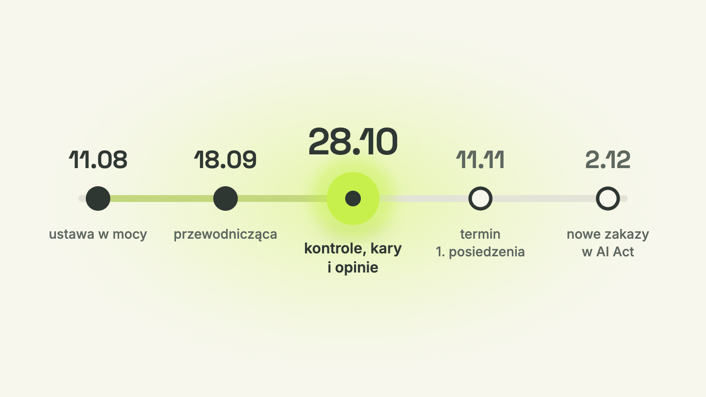 Pozioma oś czasu z pięcioma datami od 11.08 do 2.12, środkowy punkt 28.10 wyróżniony dużym limonkowym kołem, na jasnym tle