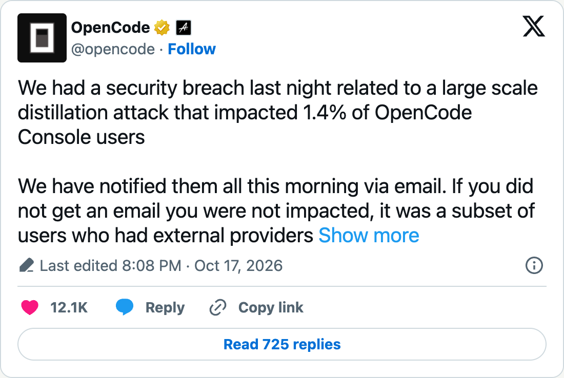 Wpis konta OpenCode na X z 17 października 2026 o włamaniu, które dotknęło 1,4% użytkowników OpenCode Console