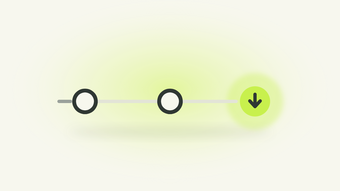 Oś czasu z trzema punktami: dwa puste ciemne okręgi po niespełnionych obietnicach i trzeci, wypełniony limonkowy z symbolem pobierania wag
