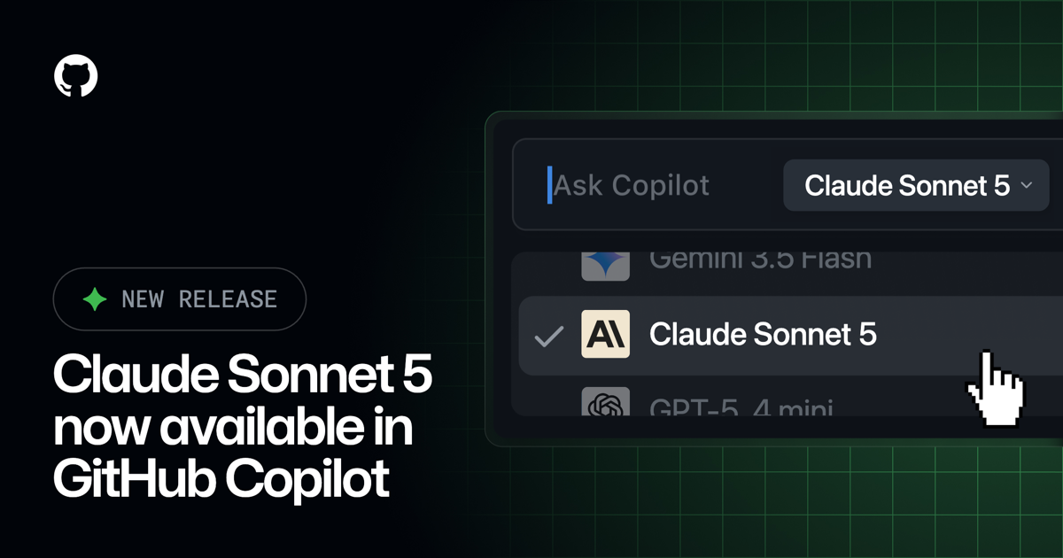 Oficjalna grafika GitHuba: wybór modelu Claude Sonnet 5 w oknie Ask Copilot