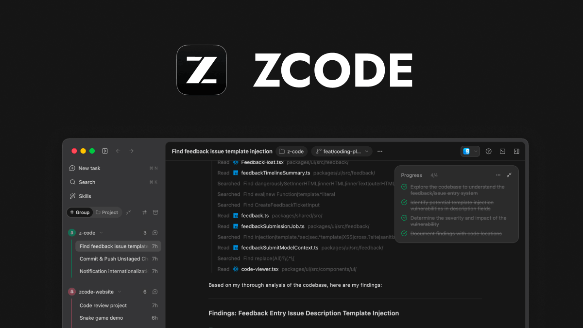Oficjalna grafika ZCode: logo aplikacji i zrzut interfejsu z listą zadań agenta