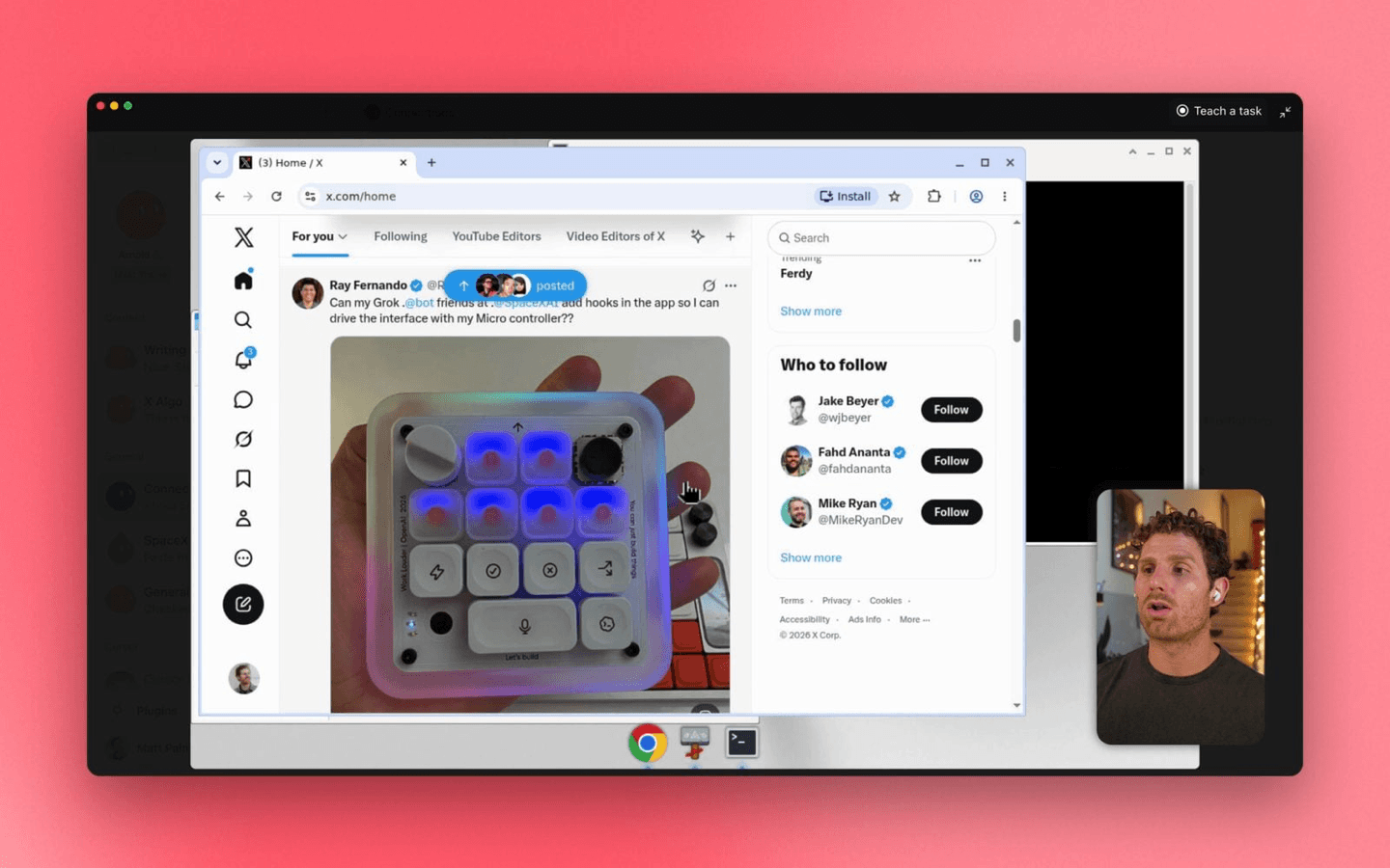 Zrzut z przewodnika SpaceXAI: komputer bota w chmurze z przeglądarką Chrome otwartą na stronie X i przyciskiem Teach a task w prawym górnym rogu