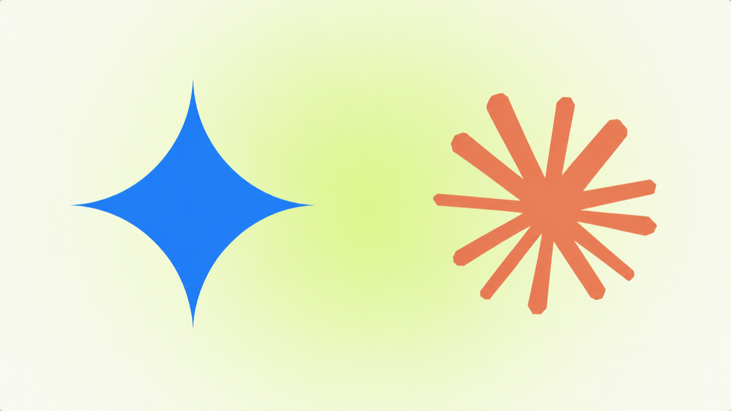 Ikony Google Gemini i Claude naprzeciwko siebie na jasnym tle z zielonym akcentem