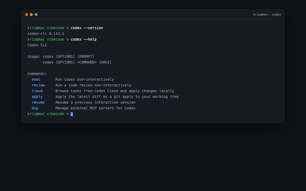 Terminal z wynikiem codex –version i codex –help, widoczne podkomendy exec, review, apply