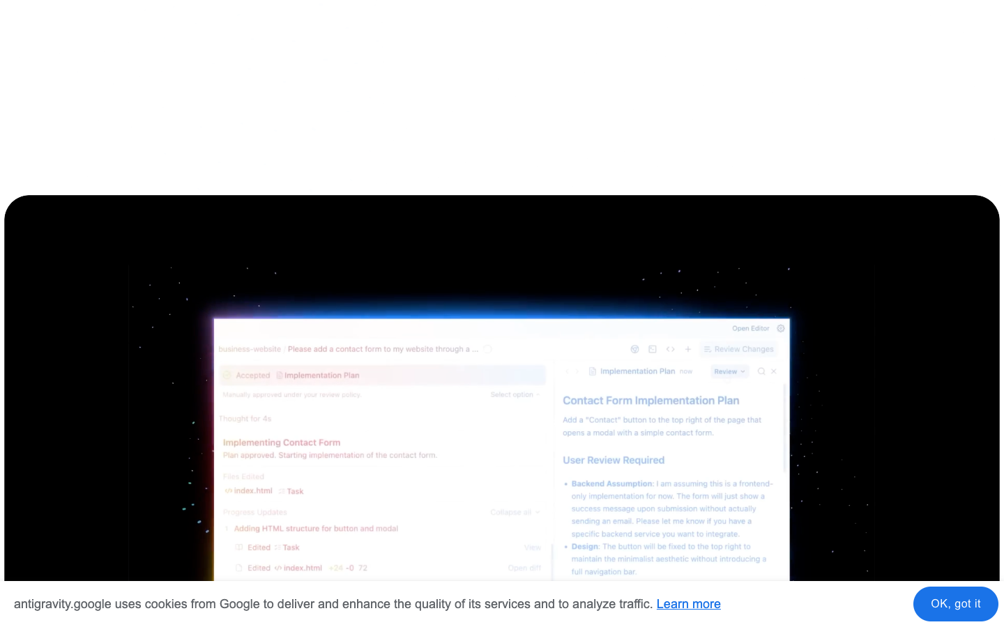 Interfejs Google Antigravity: zatwierdzony plan wdrożenia funkcji, sekcja User Review Required i lista edytowanych plików