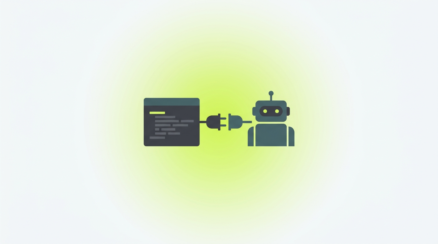 Okno edytora kodu i robot-agent połączone wtyczką pośrodku, na jasnym tle z limonkową poświatą