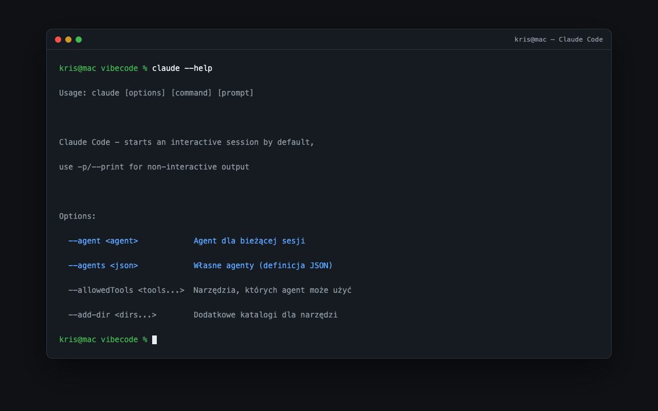 Terminal z pomocą narzędzia Claude Code i opcjami uruchamiania agenta