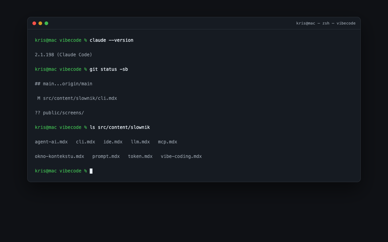 Sesja terminala z komendami claude, git status i ls w projekcie