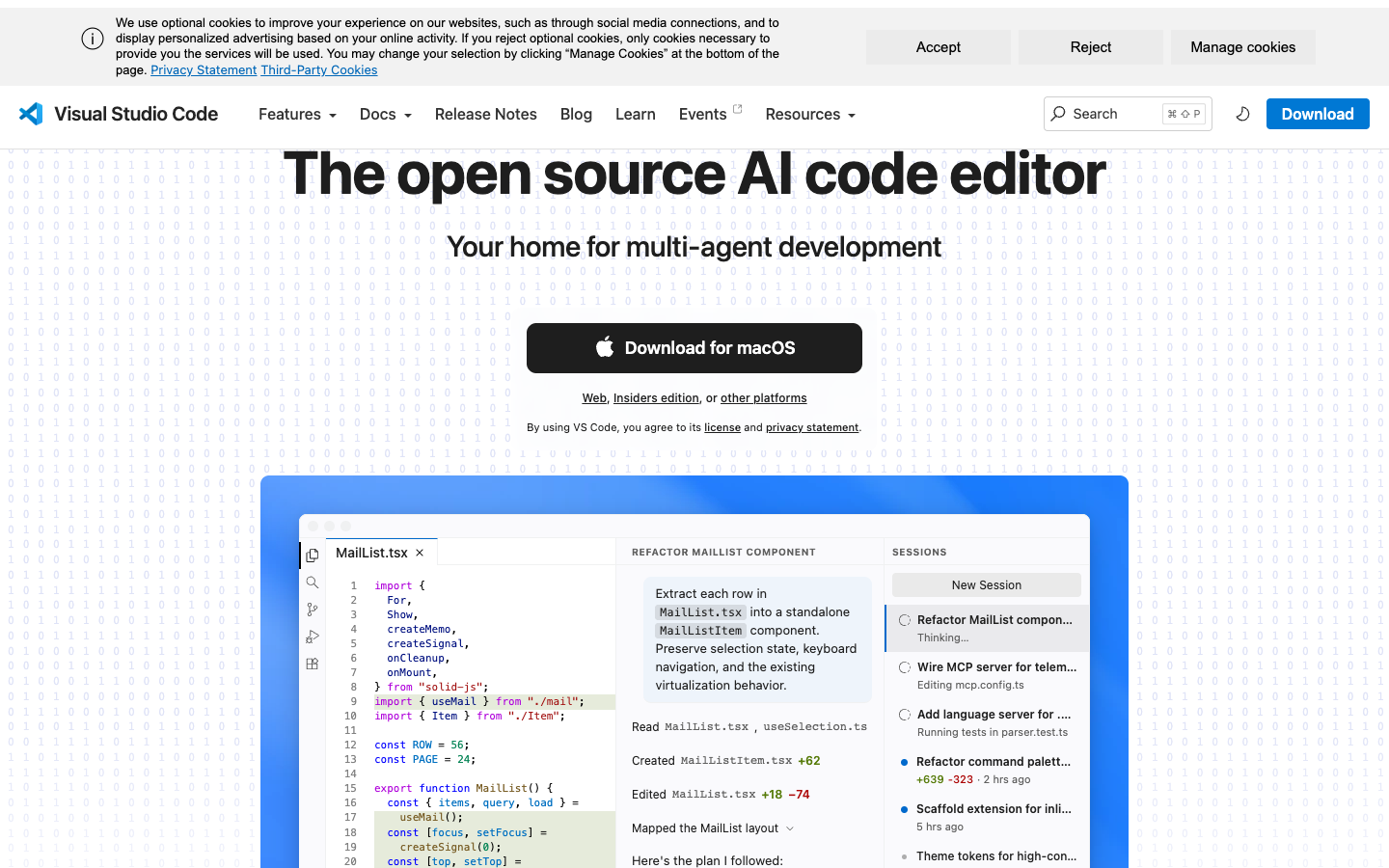 Strona główna edytora Visual Studio Code z wbudowanym asystentem AI