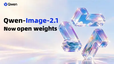 Baner Alibaby z napisem Qwen-Image-2.1 Now open weights obok trzech szklanych brył układających się w logo Qwen, na jasnym, rozświetlonym tle